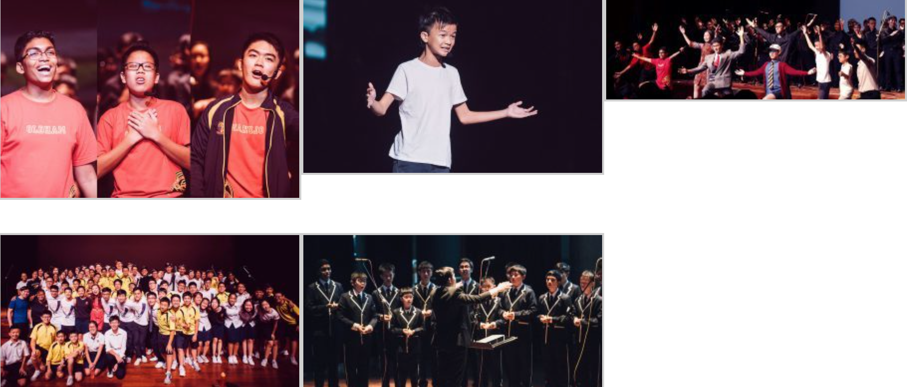Five photos of student performances including singers on stage, a solo performer, a large cast, a group photo, and a choir.